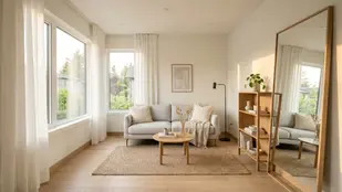 Bright living room with a gray sofa, beige cushions, wooden coffee table, large mirror, and bookshelf. Sunlight streams through big windows. Cozy vibe.