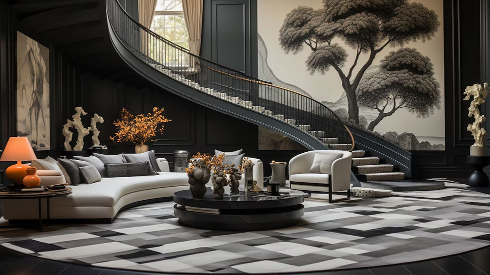 Elegant living room with curved staircase, black-and-white wall mural, gray sofa, round table, and orange accents. Checkerboard rug adds flair.