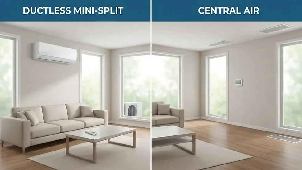 Split image: Left shows a living room with ductless mini-split AC, right shows central air with ceiling vents. Neutral tones, modern setting.