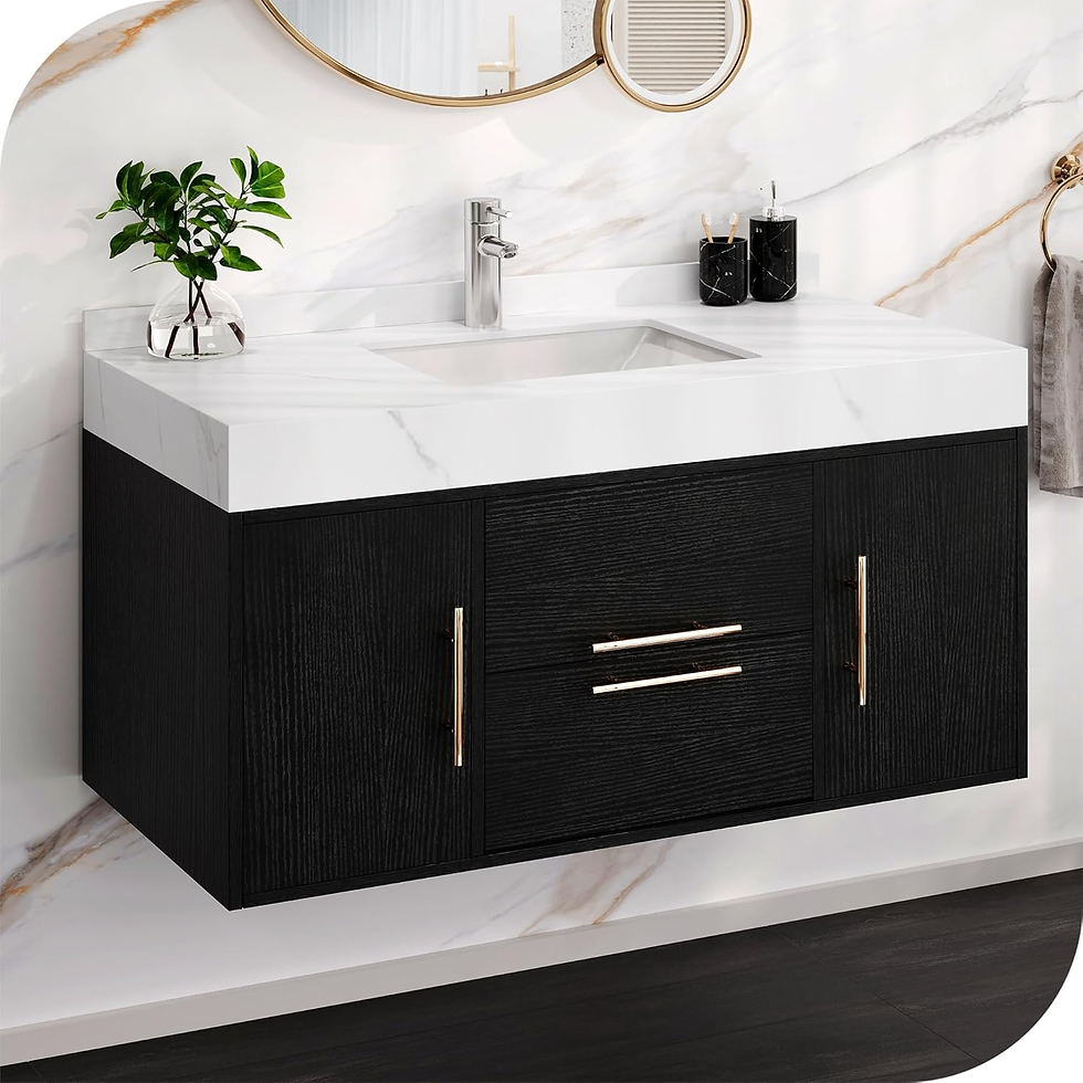 Modern black bathroom vanity with a marble countertop, round mirror, and wooden accents. Keywords: Black Bathroom Vanities for a Stylish Upgrade
