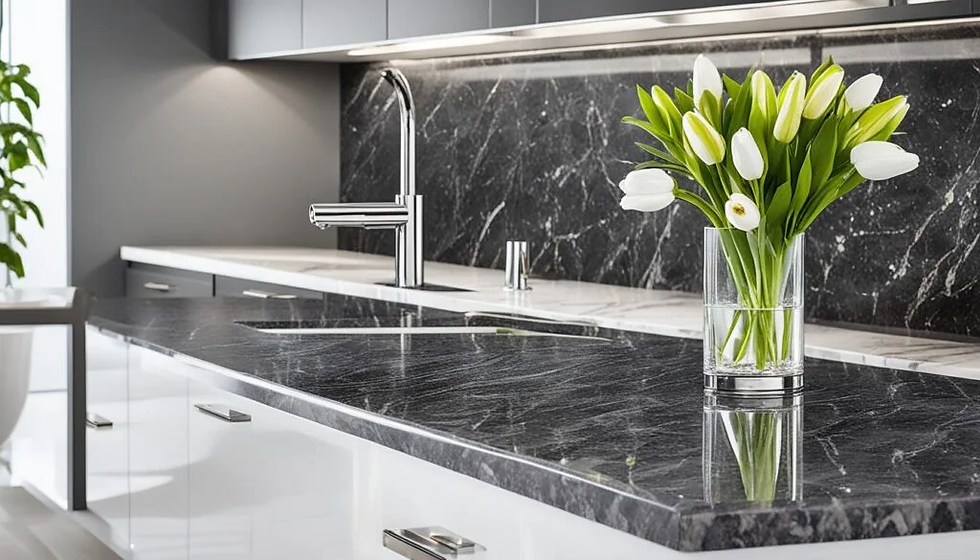 Modern kitchen with black marble countertops and backsplash, featuring a vase of white tulips. Chrome faucet, gray cabinets, bright lighting.