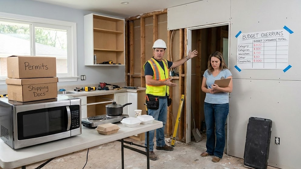 A construction worker and a woman discuss budget overruns in a partially renovated kitchen. Boxes labeled "Permits" and "Shipping Docs" sit on a table.