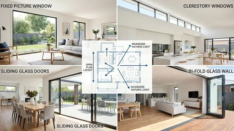 Collage of a modern home interior with large windows and doors, featuring open plan layout, maximizing natural light. Floor plan in center.