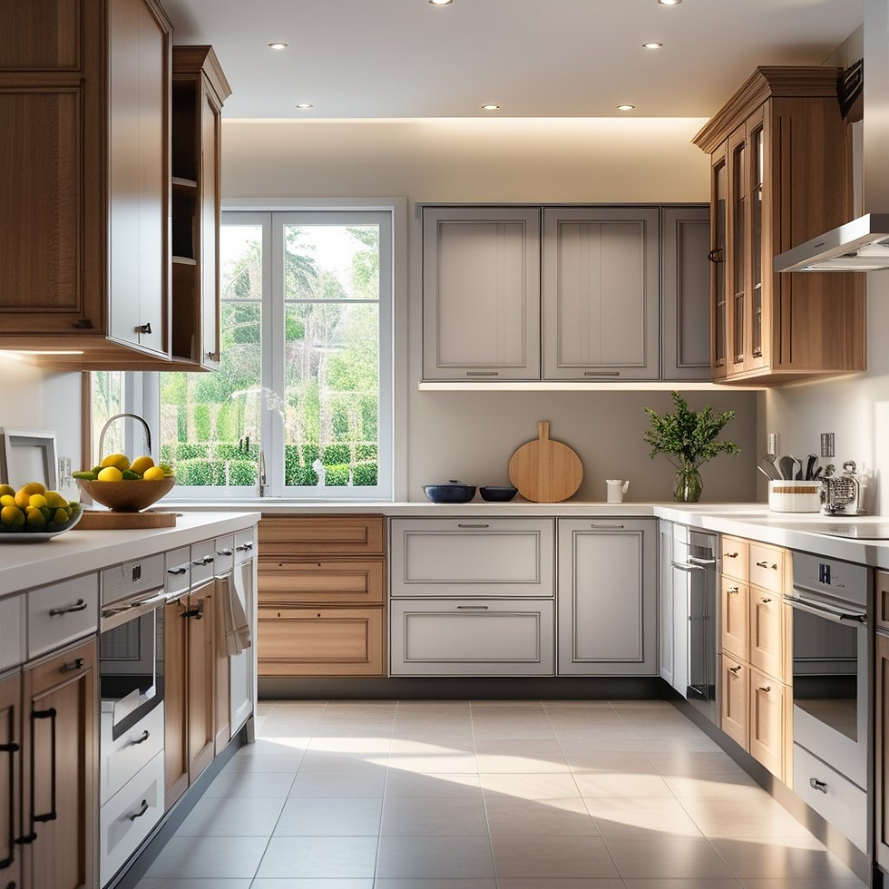 Modern kitchen with wooden cabinets, white countertops, and a window view of greenery. Bowls of lemons and a vase with plants add color.