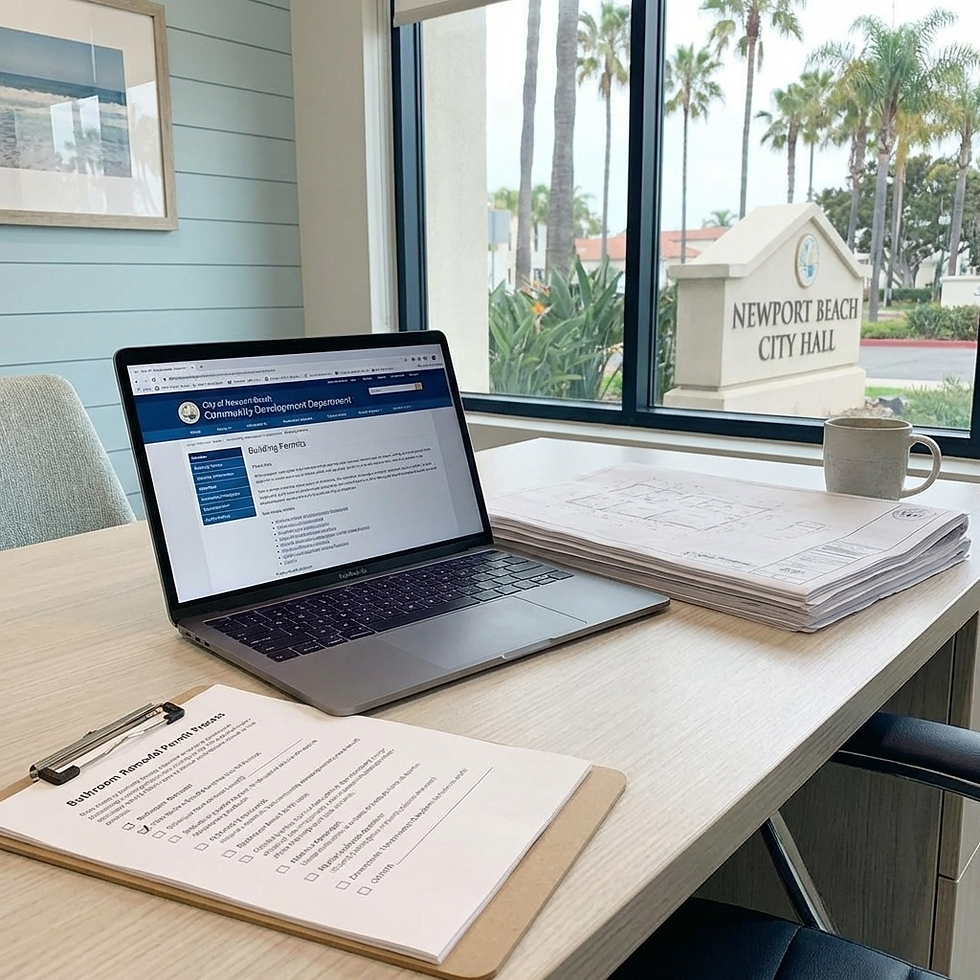 Laptop showing permits page, clipboard, plans, and a mug on a desk by a window. Newport Beach City Hall sign and palm trees outside.
