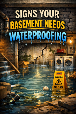 Flooded basement with cracked walls, water dripping, a wet floor sign, floating objects, and "Signs Your Basement Needs Waterproofing."