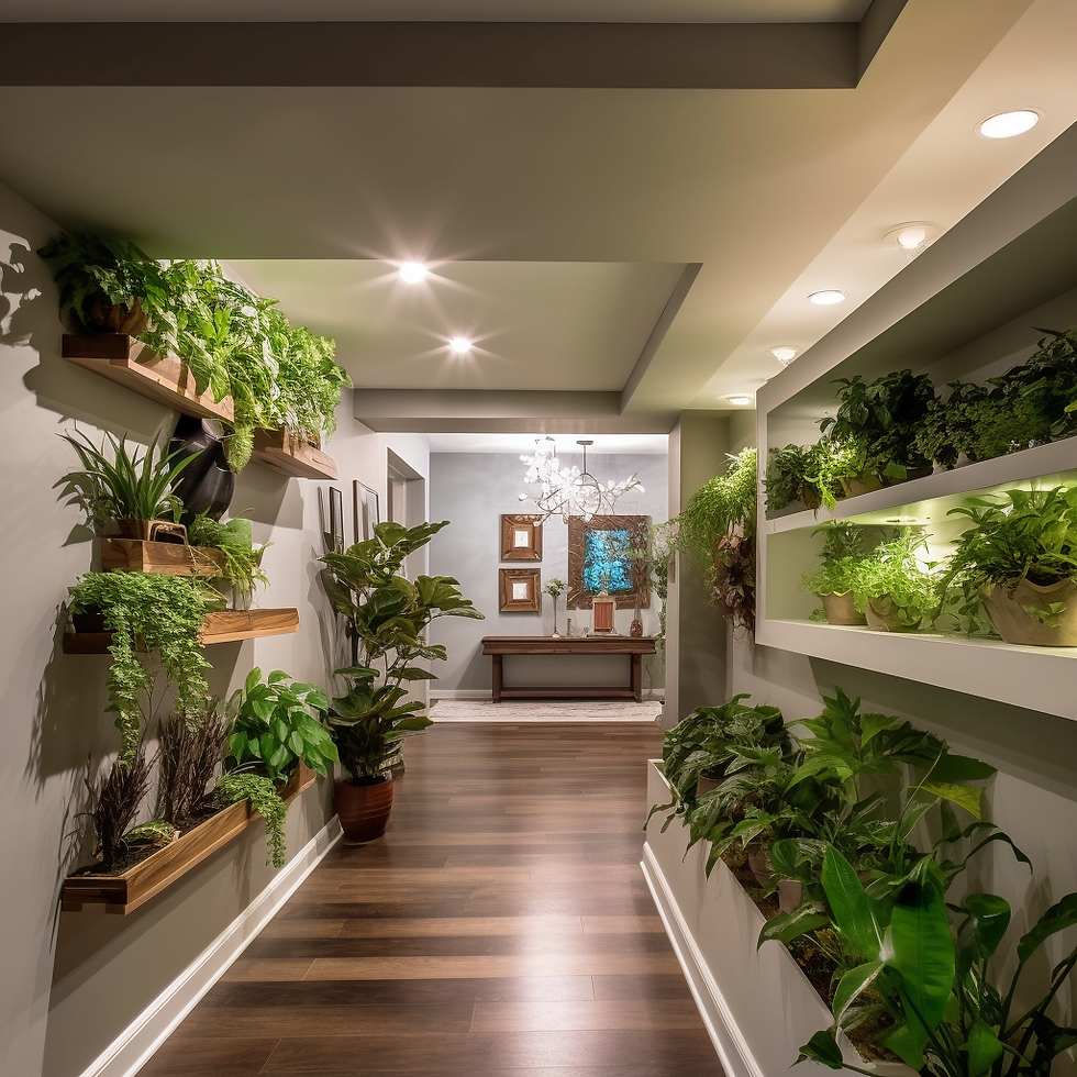 A hallway with wooden floors lined with lush green plants on shelves, modern chandelier, and framed art on gray walls, creating a serene vibe.