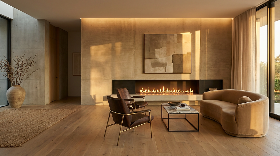 Modern living room with cozy fireplace, abstract art, tan curved sofa, and two wooden chairs. Warm lighting creates a serene ambiance.