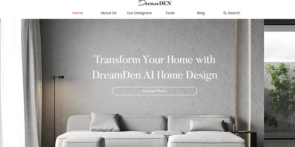 Living room with gray sofa, textured wall, and floor lamp. Text reads: Transform Your Home with DreamDen AI Home Design. Upload Photo.