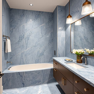 Elegant bathroom with blue marble tiles, a bathtub, brown vanity, and modern lighting. Vase with white flowers adds a fresh touch.
