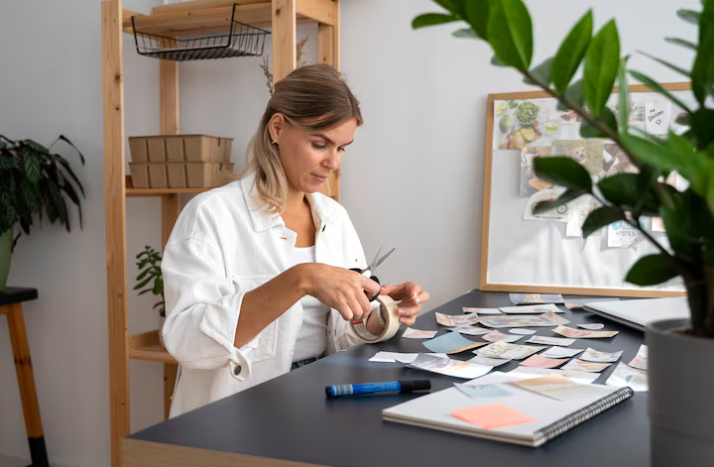 Woman in white shirt cutting tape at a desk filled with colorful notes. Plants and a corkboard with images are in the background. Calm mood.