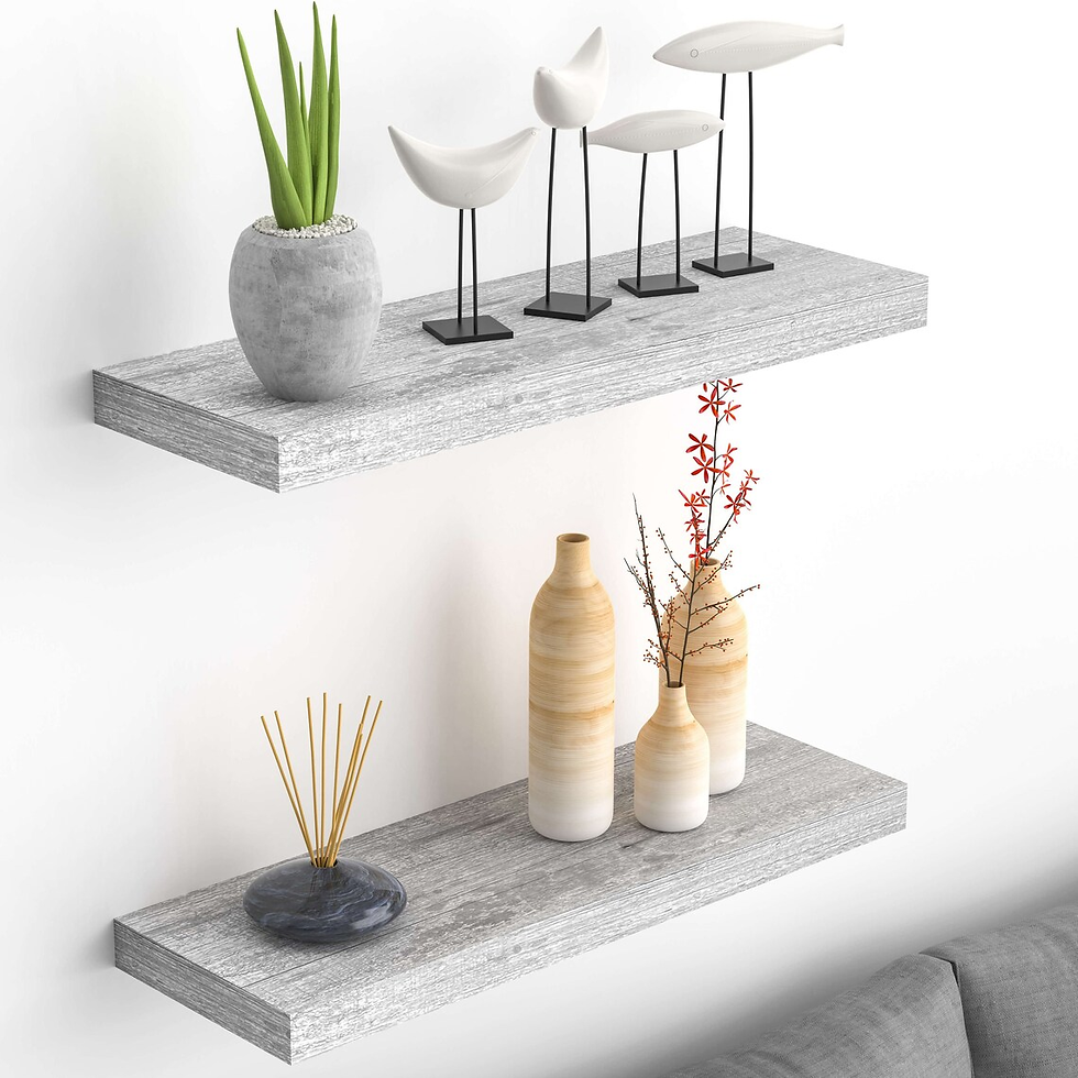 Floating Gray Shelves: Gray and White Bathroom Design