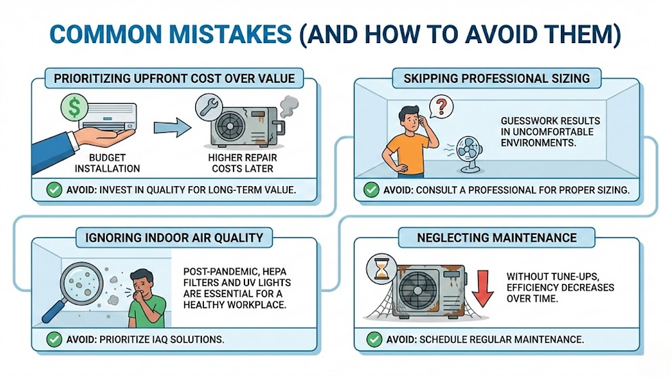 Infographic titled "Common Mistakes," detailing errors in AC management: cost prioritization, skipping sizing, ignoring air quality, neglecting maintenance.