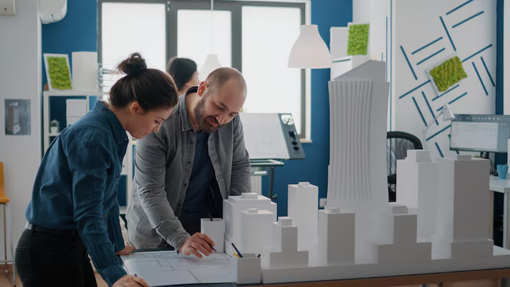 Two people examine architectural models and blueprints in a modern office. The setting is bright with white and blue decor, creating a focused mood.