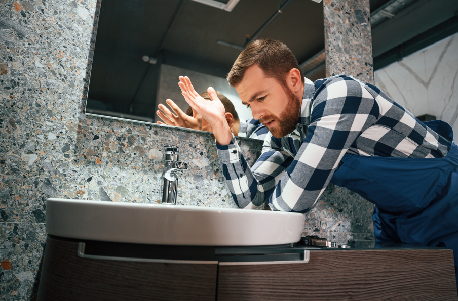 Man in checkered shirt and blue overalls, frustrated, looking at bathroom sink. Tile wall background reflects mood of concern.