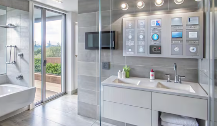 Modern bathroom with a glass shower, double sink, and wall-mounted control panel. Neutral tones, window view of greenery, sleek decor.