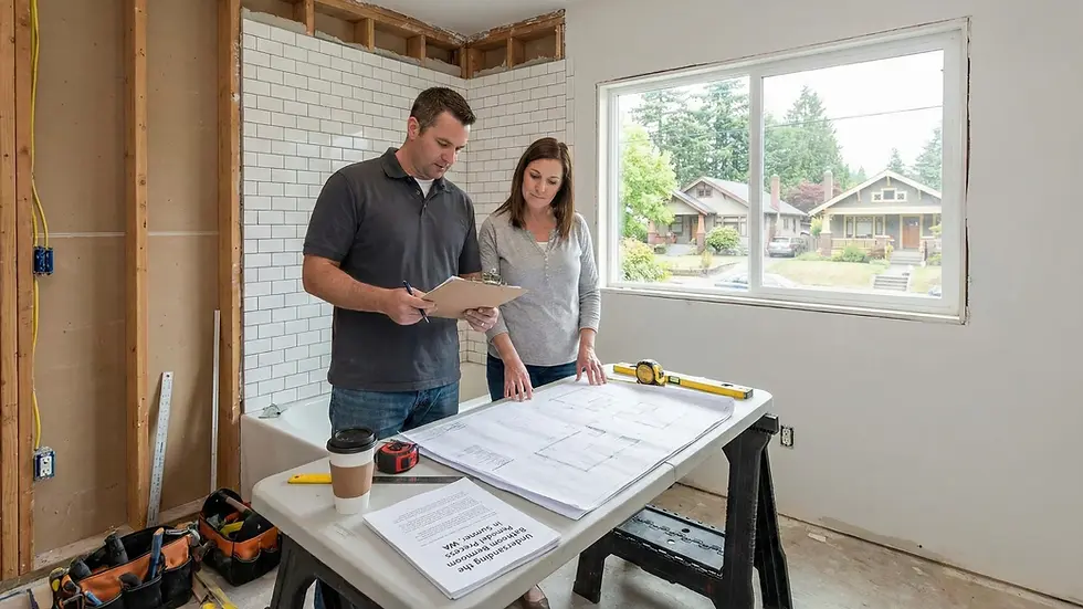 Two people examine blueprints in a partially tiled room with tools and a window view of houses, suggesting a home renovation project.