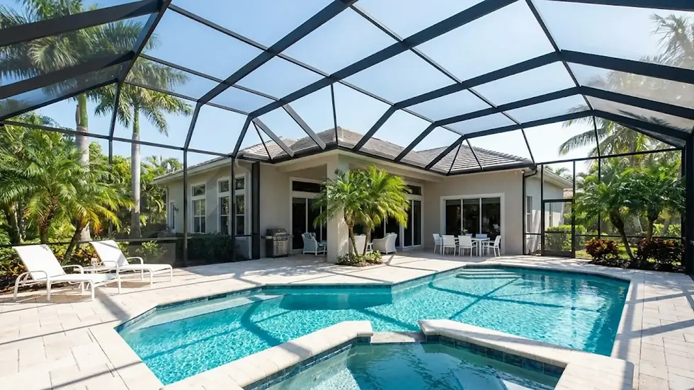 Spacious backyard with a modern pool and screened enclosure, surrounded by lush palm trees and patio furniture, creating a serene outdoor oasis.