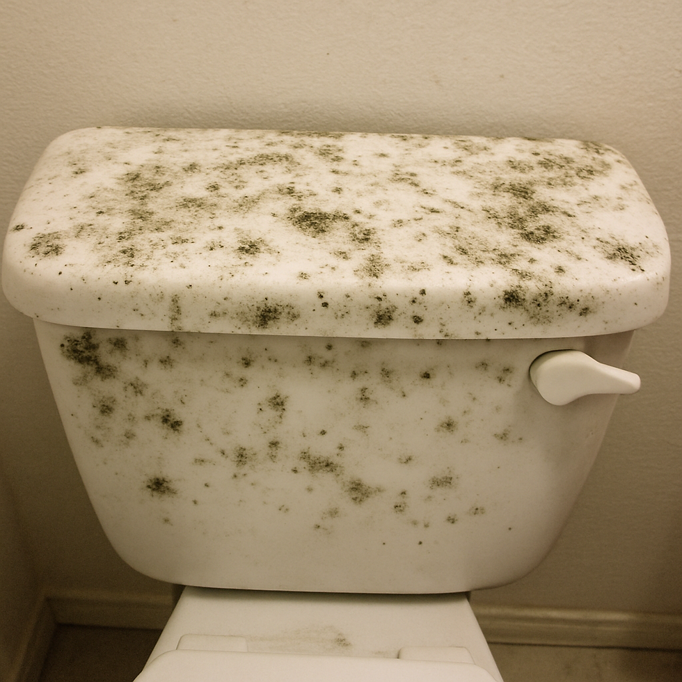 Dirty toilet tank lid with mold spots in a bathroom. White background, creating a neglected, unclean appearance.