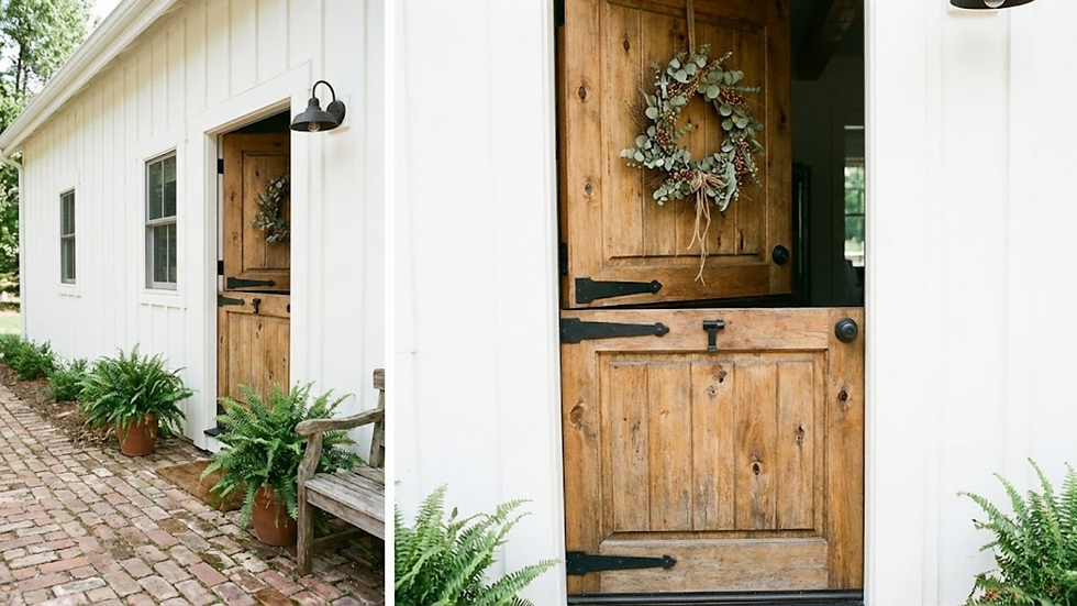 Rustic wooden door with wreath on white house, open halfway. Brick path with potted ferns leads to the door, creating a welcoming vibe.