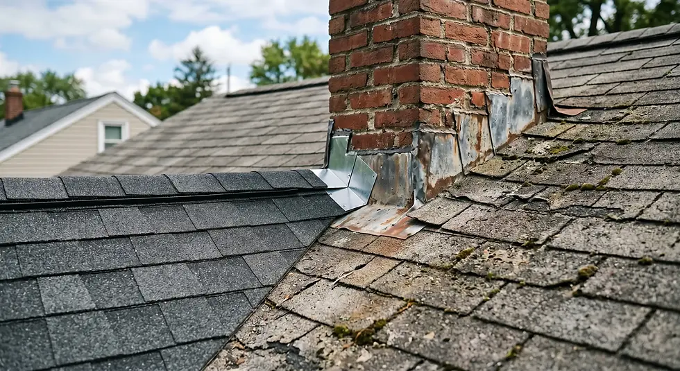 Weathered chimney with rusted flashing on a shingled roof, partially covered in moss. Nearby houses are visible under a cloudy sky.