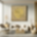 Minimalist living room with beige sofas, gold spiral wall art, vases on tables, and neutral decor. Bright, serene atmosphere.