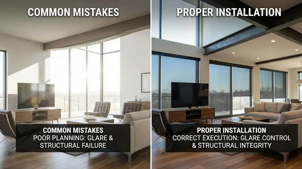 Split image comparison of living rooms. Left: "Common Mistakes," glare and cracks. Right: "Proper Installation," controlled light, no damage.