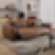 Brown leather sofa with pillows in modern living room, abstract art on wall, white curtains, and patterned rug. Calm and cozy atmosphere.