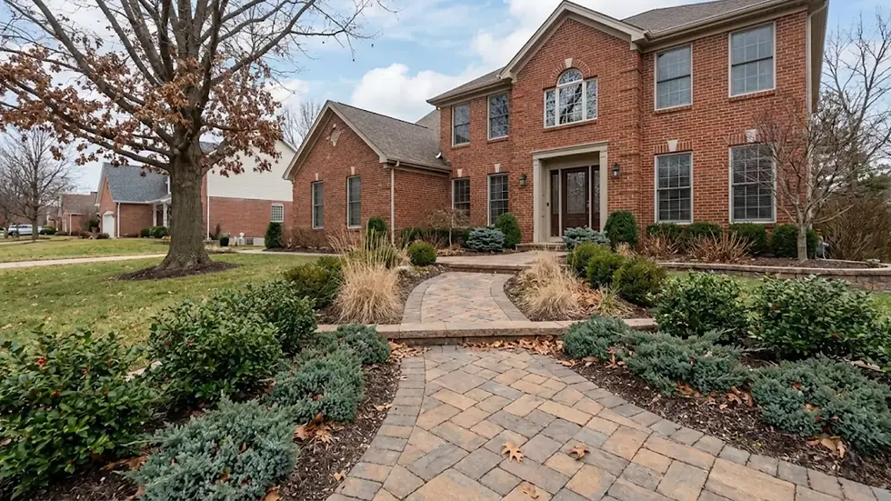 Brick house with large windows, surrounded by landscaped garden and trees. Stone pathway leads to the entrance. Overcast sky in background.