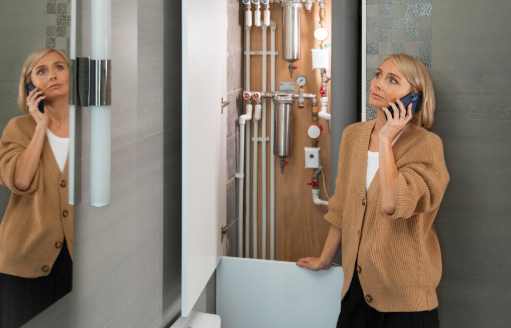 Woman in a brown cardigan, talking on the phone, stands by open utility closet in a modern room. Pipes are visible. Reflective mood.