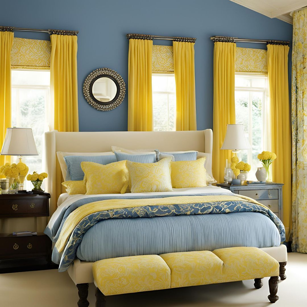 Bedroom with a blue and yellow decor. Blue walls, yellow curtains, and bedding. Two nightstands with lamps and yellow flowers. Cozy mood.