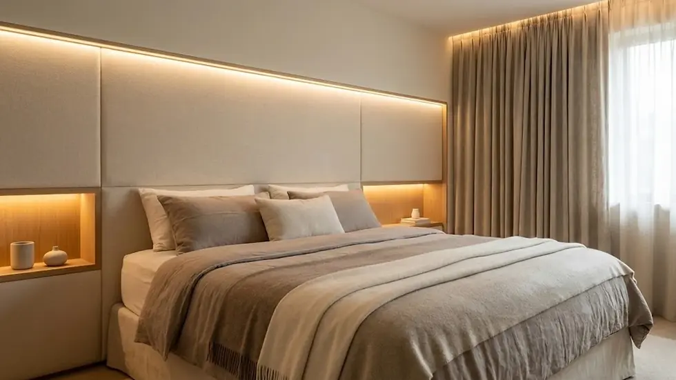 Cozy bedroom with a king-sized bed, beige linens, illuminated headboard, and warm lighting. Curtains cover a window, creating a serene mood.