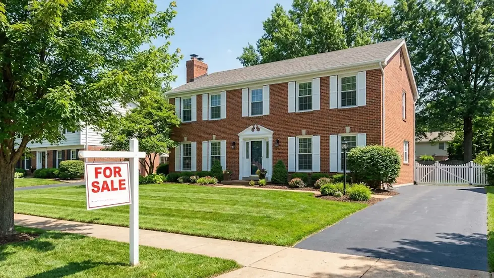 Red brick house with white shutters, green lawn, and "For Sale" sign in front. Bright, sunny day with lush trees in the background.