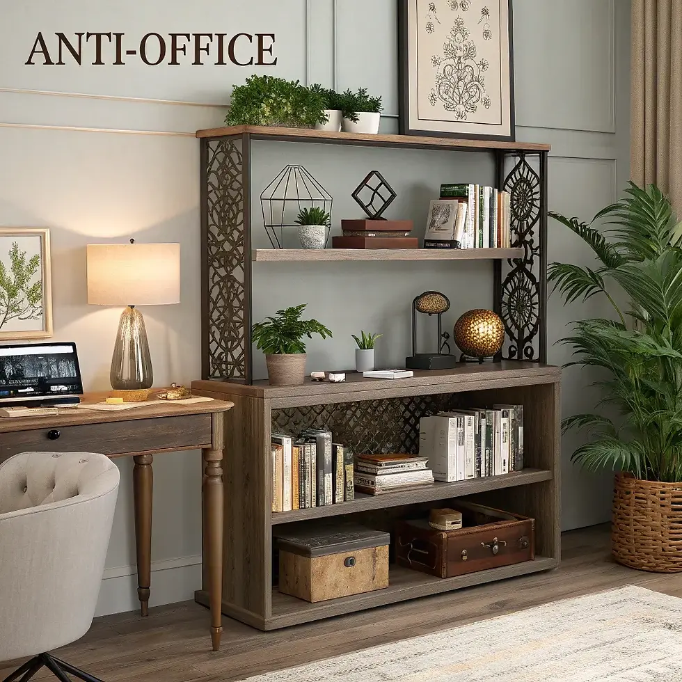 Cozy room with bookshelves, plants, laptop on desk, and a lit lamp. Wall art and the word "ANTI-OFFICE" create a calm, inviting vibe.