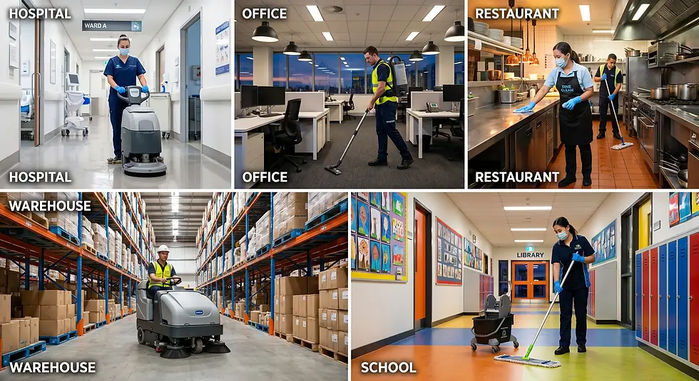 Six images show people cleaning in various settings: hospital, office, warehouse, restaurant, and school. Text labels each location.
