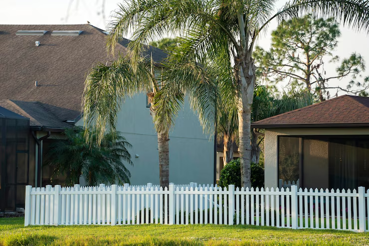 White picket fence, palm trees, and suburban houses with brown roofs under a clear sky. Green grass in the foreground. Peaceful mood.