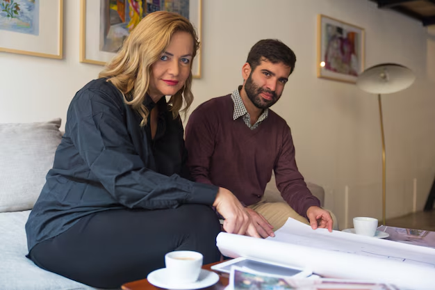 Two people review architectural plans on a table, seated on a gray couch with coffee cups nearby. Art decorates the cream walls.