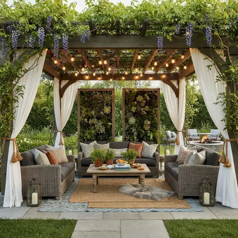 Outdoor patio with wicker sofas, a wooden coffee table with food, pergola with vine plants and lights, and a relaxing, cozy atmosphere.