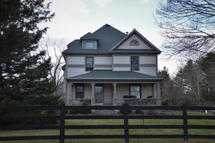 Victorian-style house with green roof, large windows, and porch. Surrounded by leafless trees, a black fence, and overcast sky. Tranquil mood.