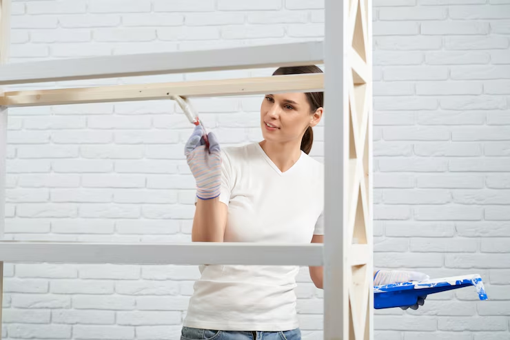 Woman painting a bookshelf white, wearing gloves, in front of a white brick wall. She's focused, holding a paint tray. Bright, clean setting.