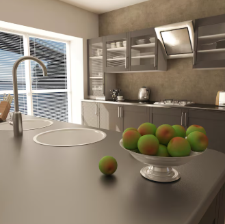 Modern kitchen with gray cabinets, a bowl of apples on the island, a bright window, and a sleek faucet. Calm and orderly atmosphere.