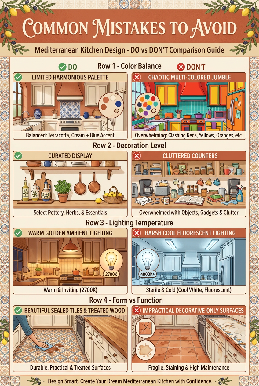 Infographic contrasting Mediterranean kitchen design "Do" and "Don't" tips: color balance, decoration, lighting, and surfaces with illustrations.