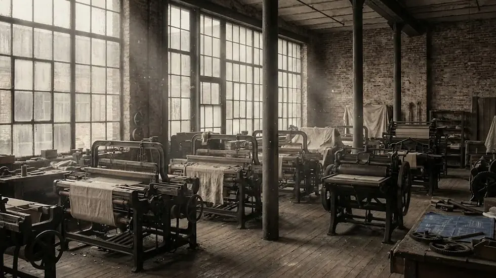 Vintage factory with old textile machines, covered in cloth, in a brick room with large windows. Dusty ambiance, brown tones. No people.