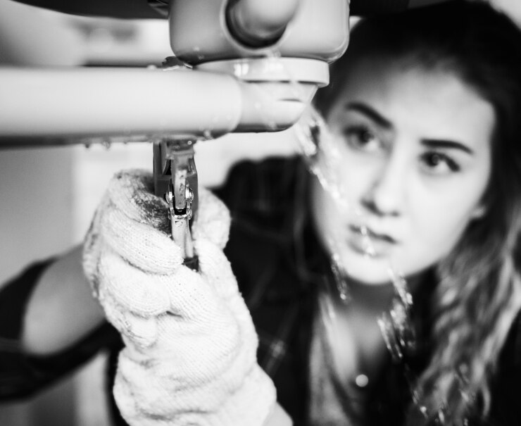 Person in gloves fixes a leaking pipe with a wrench, water spraying. Focused expression, black and white setting, close-up shot.
