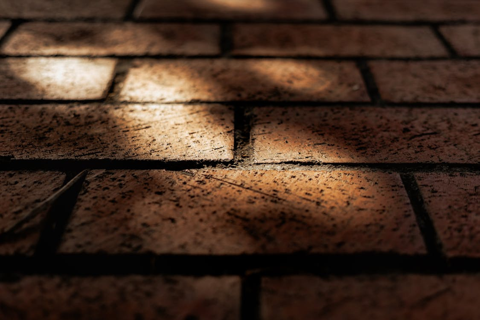 Close-up of a sunlit brick pathway with dark shadows, highlighting the texture and patterns on the reddish-brown bricks.