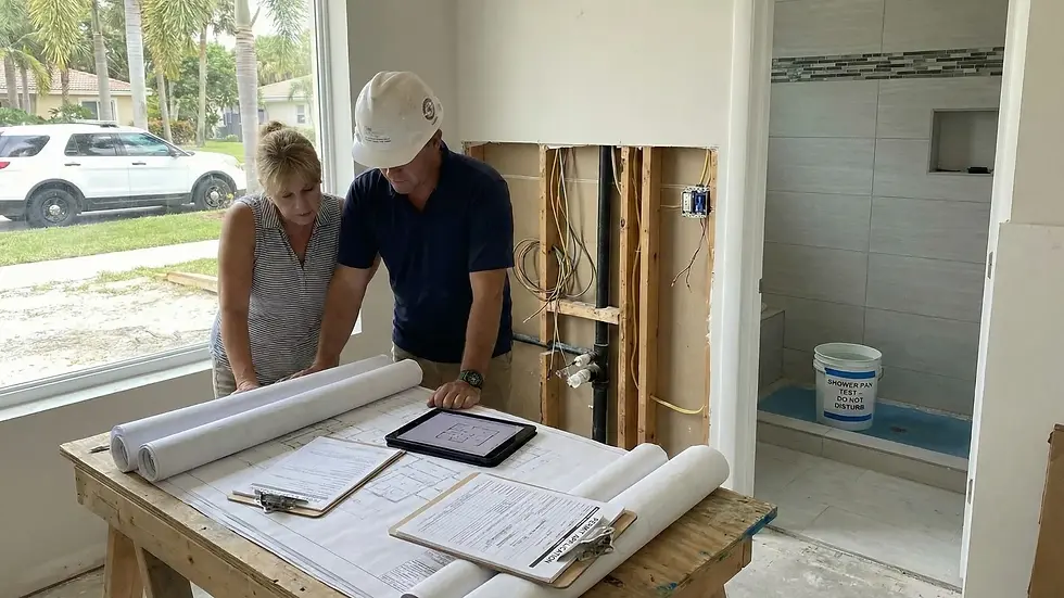 Two people review blueprints on a table in a partially renovated room. A hard hat is worn. "Shower Pan Test" bucket visible in shower area.