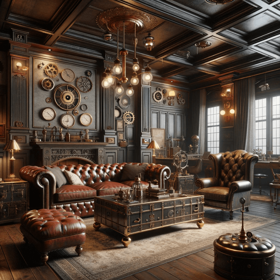 "Sophisticated steampunk interior featuring dark wood paneling, leather Chesterfield sofas, antique gears, and brass accents for a Victorian industrial ambiance."