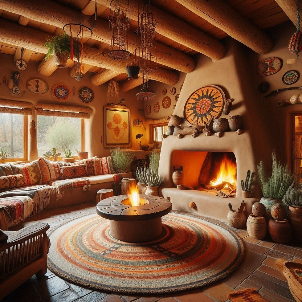 Cozy living room with a blazing fireplace, wooden beams, colorful decor, and pottery. Round rug and vibrant textiles create warmth.
