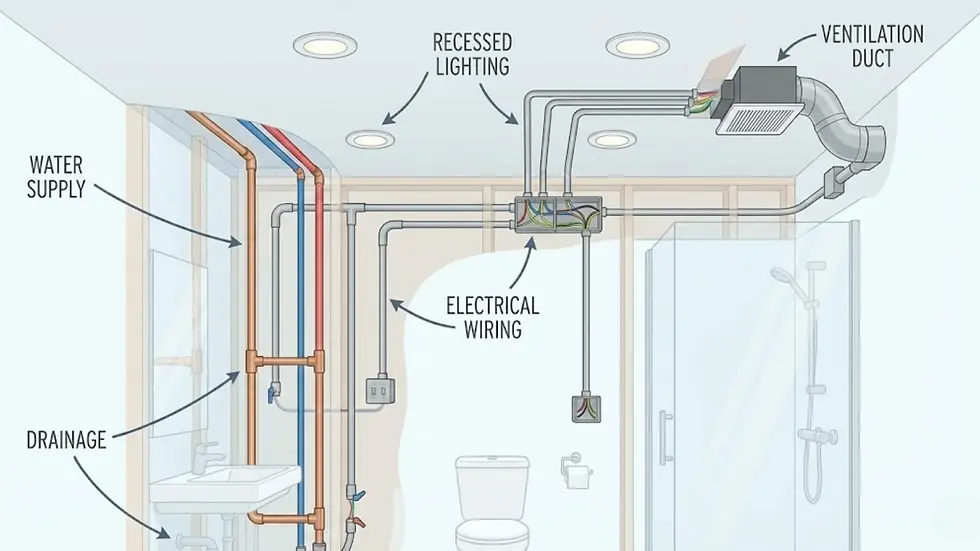 Bathroom diagram showing water supply, drainage, electrical wiring, recessed lighting, and ventilation duct labeled. Simple pastel colors.