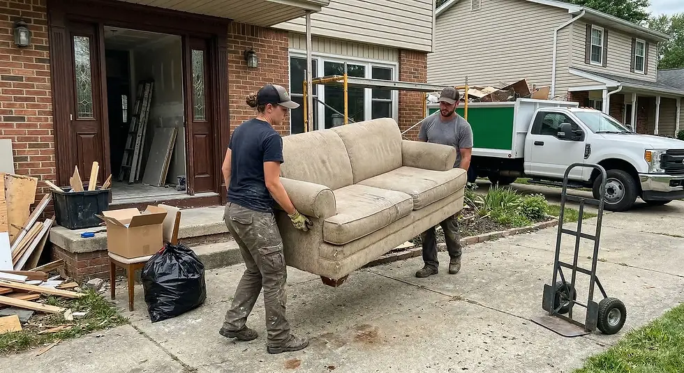 Two people carry a beige sofa outside a brick house. A white truck and debris are nearby, suggesting a renovation or move.